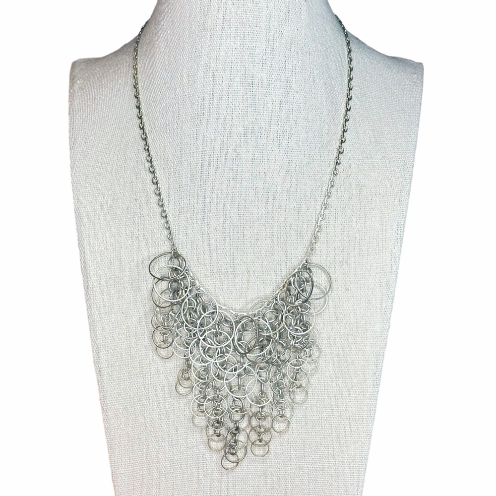 Vintage Circle Chain Mail Mesh Silver Tone Bib Necklace